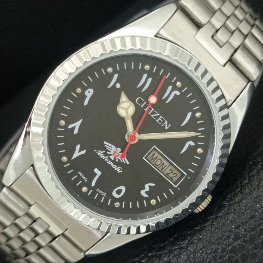 Vintage 1978 Citizen Automatic Mens Silver Watch W/daydate & Black accents